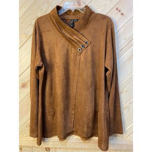 Ethyl Womens Suede Top Blouse Pullover Stretch Long Sleeve Button Brown Size XL